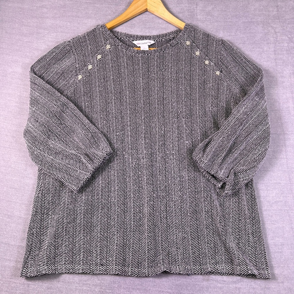 Liz‎ Claiborne Herringbone Button Shoulder Pullover Top Womens L Black White